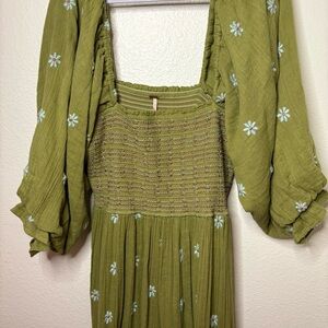 Free People Dahlia Embroidered Maxi Dress Medium Green 100% cotton